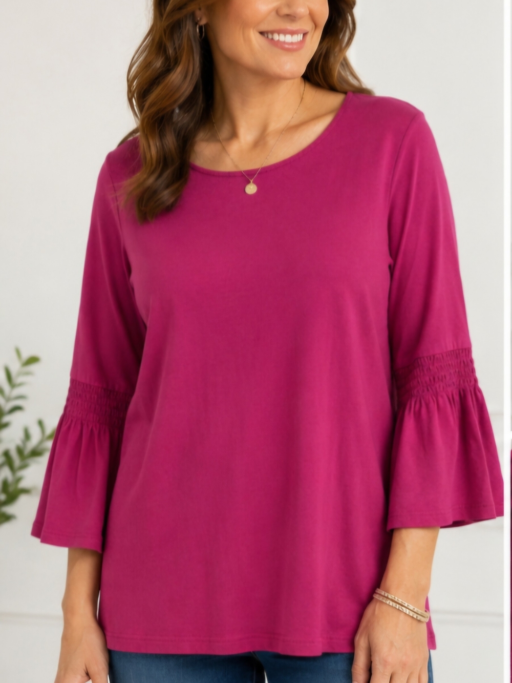 J. Jill Women’s Large Pink Bell Sleeve Tunic Top Smocked 3/4 Sleeve Cotton Modal